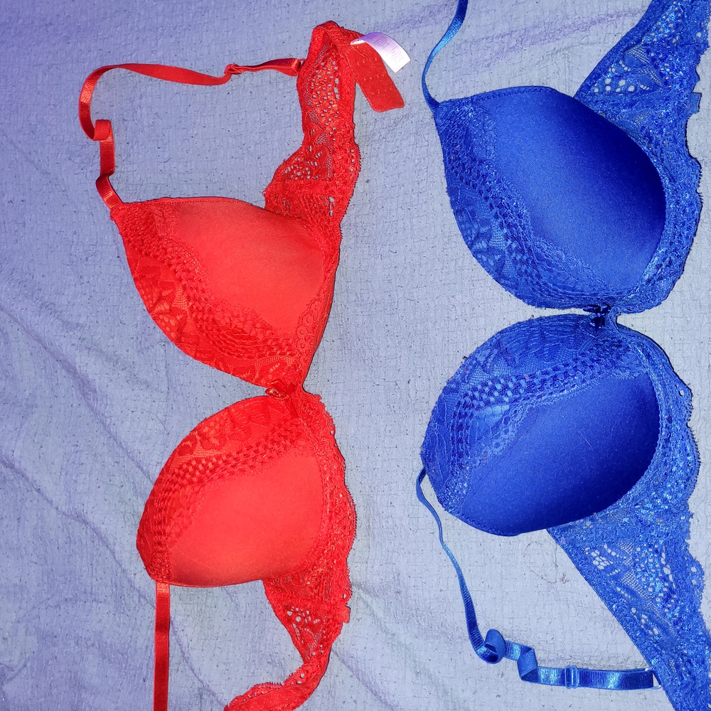 Lace Trimmed Red and Blue Bra Set